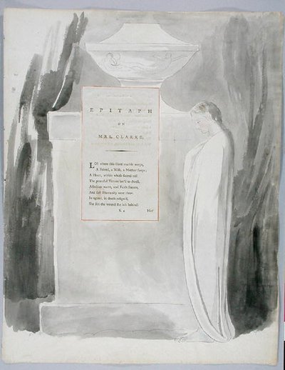 Epitafio sobre la Sra. Clarke, diseño 103 de Los Poemas de Thomas Gray, 1797-98 de William Blake